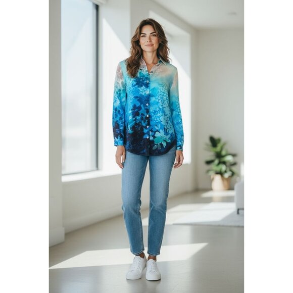 Soft Surroundings 100% Silk Blouse XS Blue Floral Ombre Button Front Long Sleeve - Picture 1 of 16